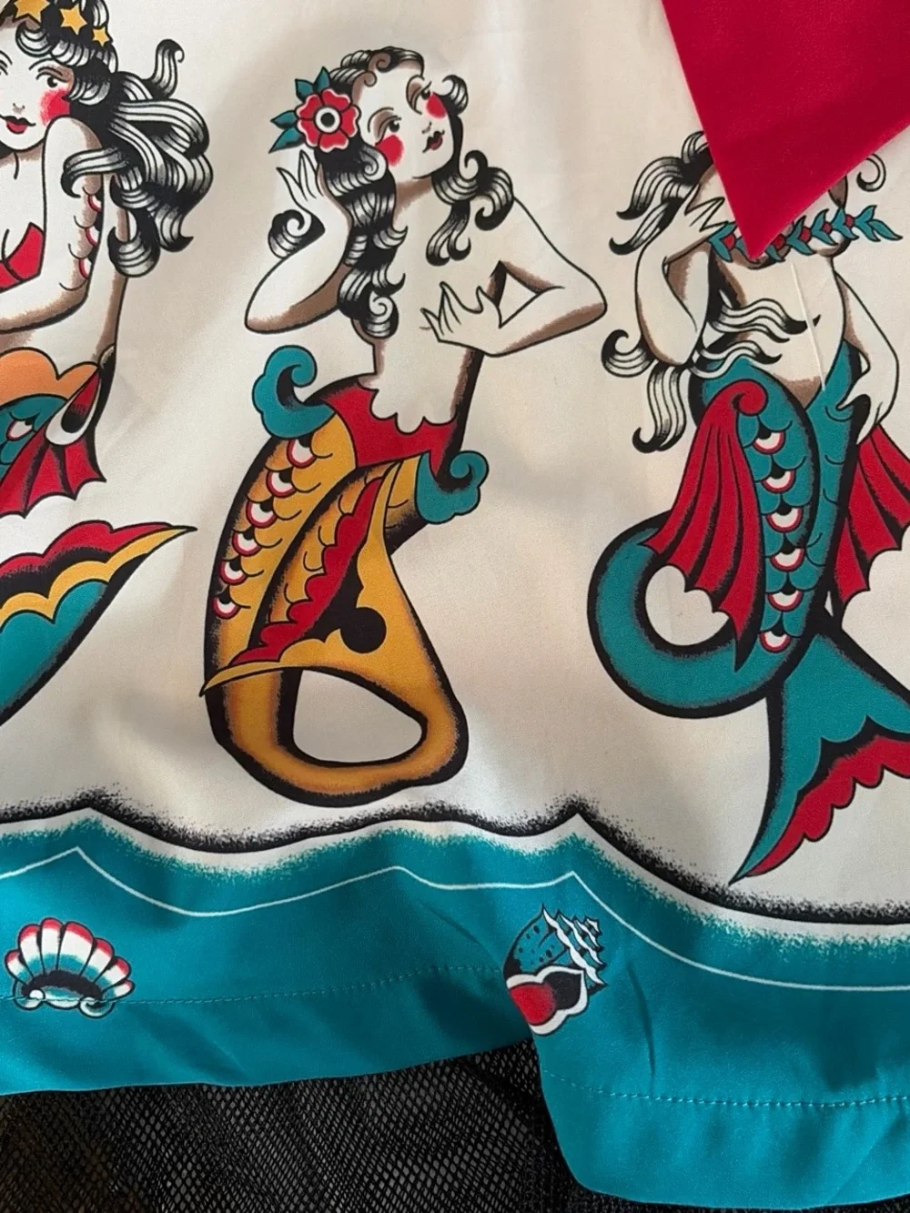 Sourpuss Cream Dress with Red Trim and Teal Mermaid Border